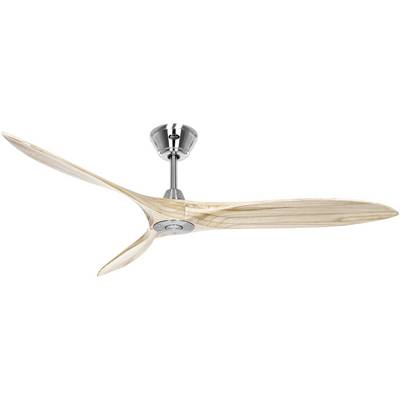 Deckenventilator mit drei hellen Holzflügeln und einer silbernen Halterung, zeigt modernes und minimalistisches Design.