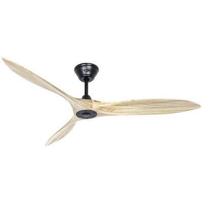 Deckenventilator mit drei holzfarbenen Flügeln und schwarzer Halterung, modernem Design, von der Seite aufgenommen.