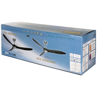 Verpackung eines Deckenventilators mit dem Schriftzug 'Eco Genuino'. Das Bild zeigt den Ventilator in zwei Perspektiven.