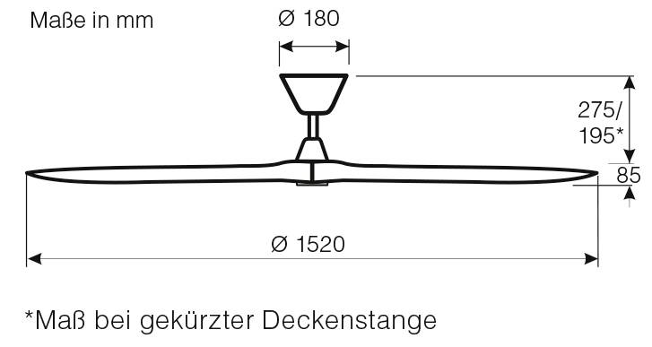 'Technische Zeichnung eines Deckenventilators mit Maßen in Millimetern: Durchmesser 1520 mm, Höhe 275 mm (195 mm bei gekürzter Stange), Flügeldurchmesser 180 mm.'