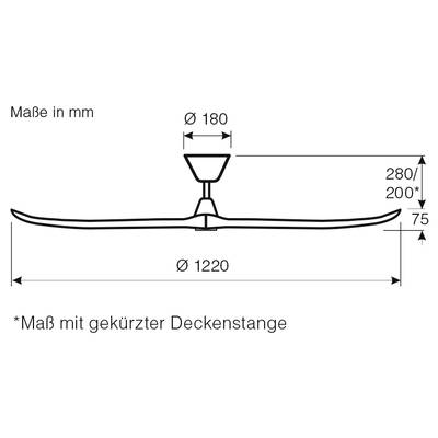 Deckenventilator-Schema: Durchmesser 1220 mm, Motorhöhe 75 mm, Gesamthöhe mit verkürzter Stange 280 mm, in mm angegeben.