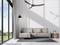 Modernes Wohnzimmer mit grauem Sofa, Stehlampe, Teppich und Deckenventilator. Große Fenster lassen viel Tageslicht herein.