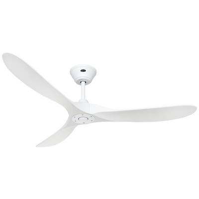 Ein weißer Deckenventilator mit drei Flügeln, montiert an einem kurzen Stab, vor einem neutralen Hintergrund.