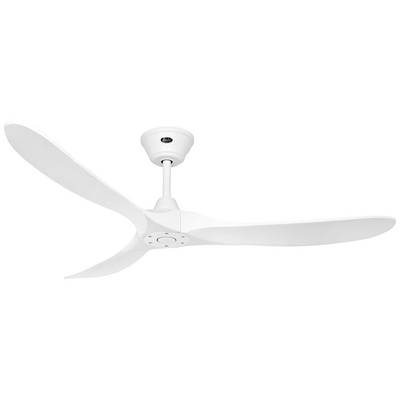 Ein weißer Deckenventilator mit drei geschwungenen Flügeln ist an der Decke montiert.