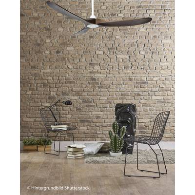 Ein minimalistisches Wohnzimmer mit zwei Metallstühlen, einem Kaktus und einem modernen Deckenventilator vor einer Ziegelwand.