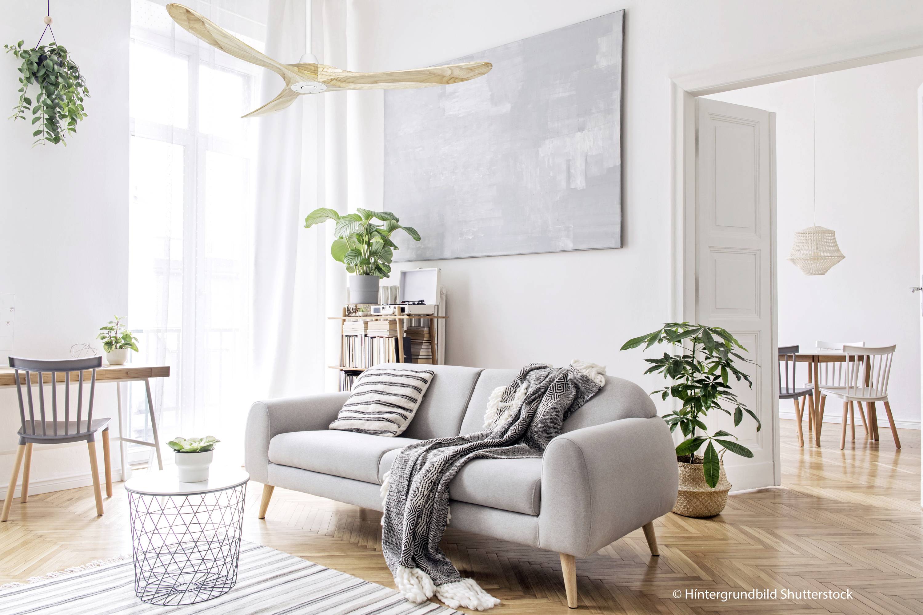 Helles Wohnzimmer mit grauem Sofa, Pflanzen, hellem Holzboden und großem Fenster. Skandinavisches Design mit minimalistischer Dekoration.