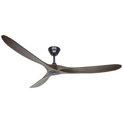 Dunkelbrauner Deckenventilator mit drei langen, schlanken Flügeln. Modernes Design, geeignet für Innenräume.