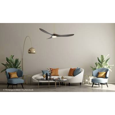 Ein elegantes Wohnzimmer mit einem weißen Sofa, blauen Sesseln, orangefarbenen Kissen, Pflanzen und einem modernen Deckenventilator.