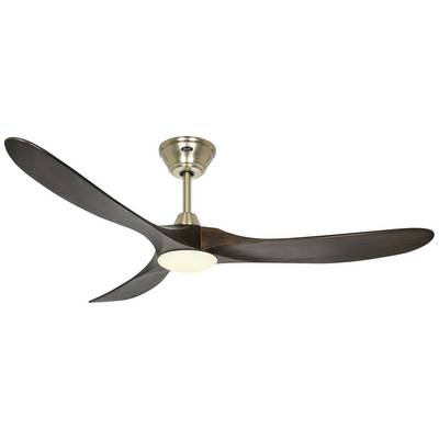 Deckenventilator mit drei dunklen Holzflügeln und integriertem Licht, an einer metallischen Halterung befestigt.