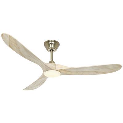 Deckenventilator mit hellem Holzdesign, drei Flügeln und zentralem LED-Licht, geeignet für moderne Wohnräume.
