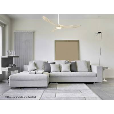 Modernes Wohnzimmer mit grauem Ecksofa, dekorativen Kissen, Teppich, hellem Holzboden, Deckenventilator und minimalistischer Beleuchtung.