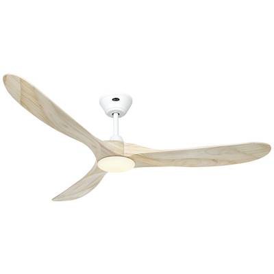 Deckenventilator mit hellem Holzfinish, drei Blätter, leuchtender Mittelteil. Modernes Design für Innenräume.