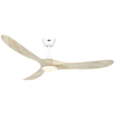 Ein Deckenventilator aus Holz mit drei geschwungenen Flügeln und einem weißen Gehäuse. Moderne, minimalistische Gestaltung.