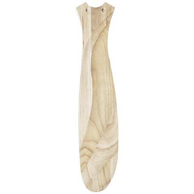Holzdenkmal in Form eines stilisierten Fisches. Oberfläche zeigt natürliche Holzmaserung und glatte Kurven.