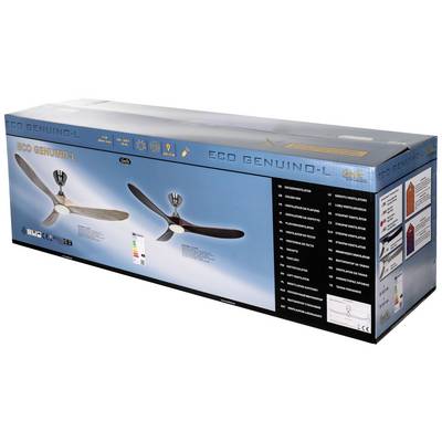 Ventilatorverpackung mit Produkt 'ECO Genuino-L', zeigt Bild des Deckenventilators mit drei Holzklingen. Energieeffizienz ist hervorgehoben.