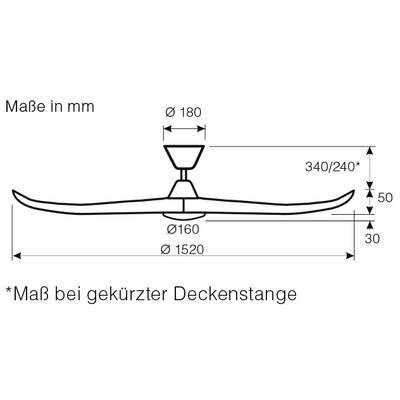 Zeichnung eines Deckenventilators. Durchmesser 180 mm, Höhe verstellbar 340/240 mm. Unterer Durchmesser 160 mm, Höhe 30 mm.