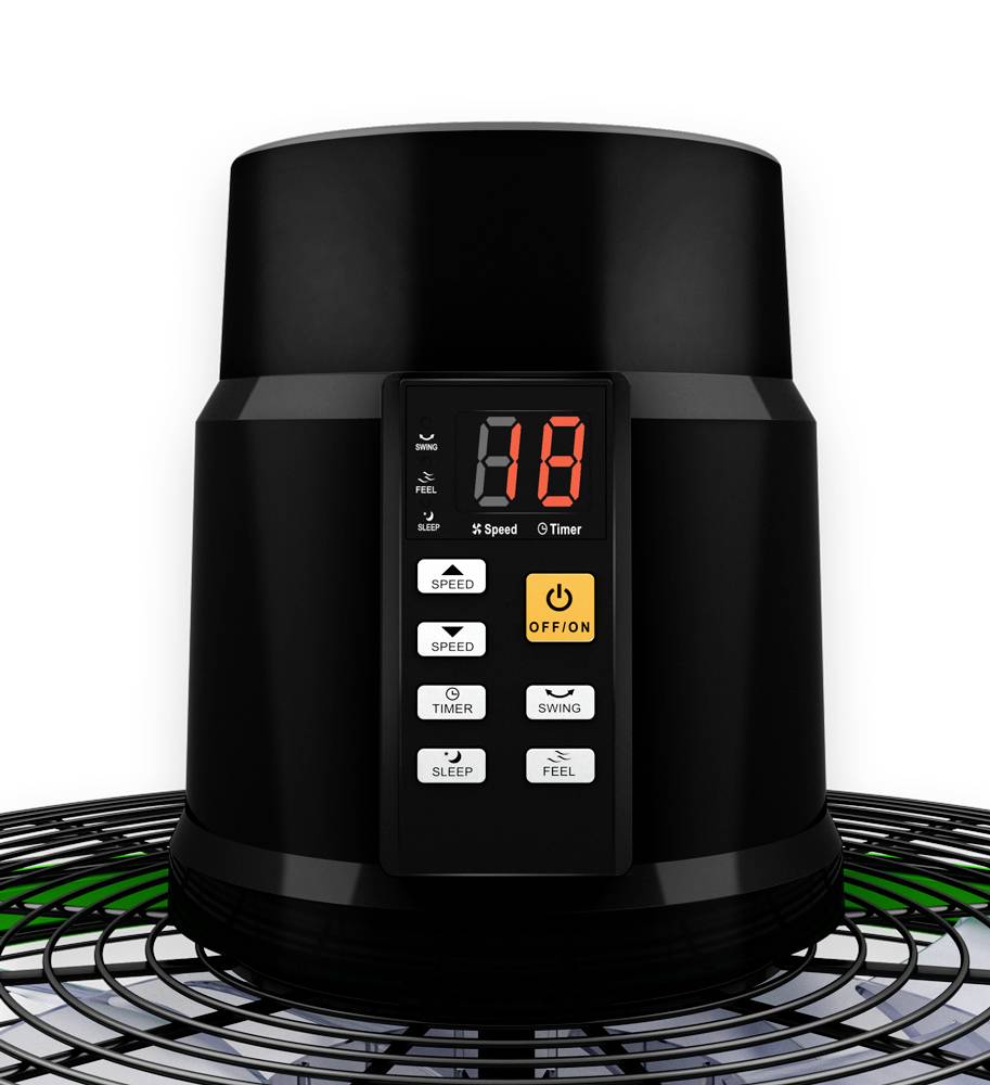 Schwarzer Ventilator mit digitalem Display und Tasten für 'Speed', 'Timer', 'Swing' und 'Sleep'. Bildschirm zeigt '18'.