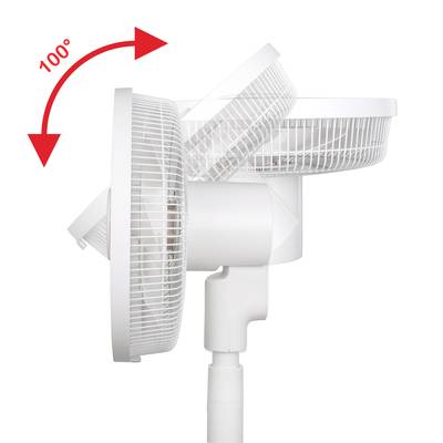 Ein weißer Standventilator neigt sich um 100 Grad nach hinten. Ein Pfeil zeigt die Richtung der Bewegung an.