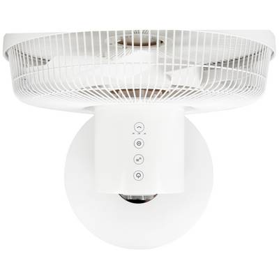 Ein weißer Deckenventilator mit drei Bedienknöpfen an der Unterseite, die Ventilatorgeschwindigkeit und Lichtsteuerung anzeigen.