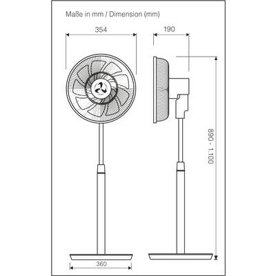 Stehventilator, Maße in mm: Höhe 890-1100, Durchmesser Ventilationskopf 354, Standbreite 360, Tiefe 190.