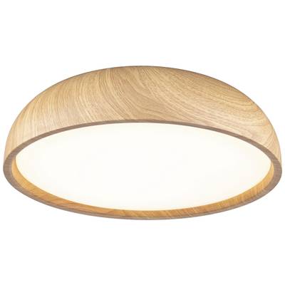 Runde Deckenleuchte mit holzähnlichem Rahmen und warmweißem Licht. Minimalistisches Design für moderne Innenräume.