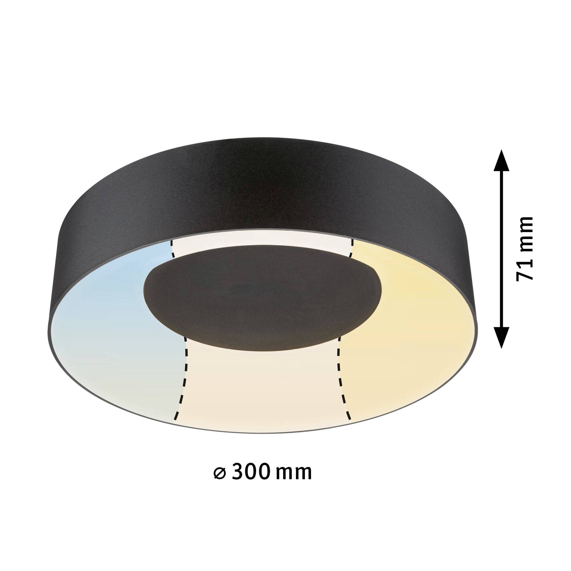 Runde LED-Deckenleuchte in Schwarz, Durchmesser 300 mm, Höhe 71 mm, zeigt Farbverlauf von Blau zu Orange auf der Innenseite.