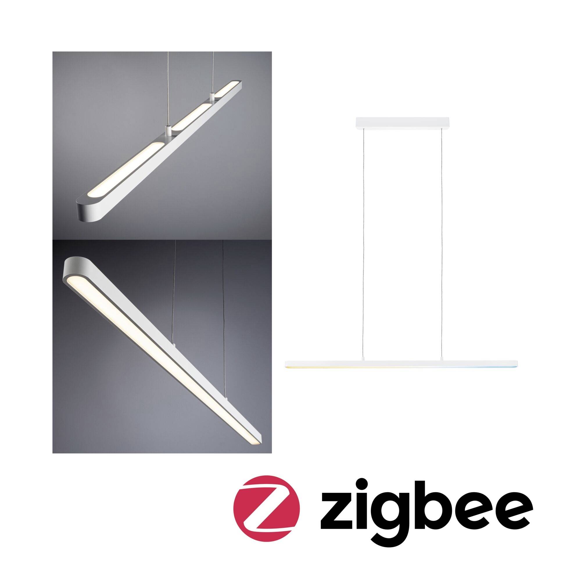 'Moderne Hängelampe mit Zigbee-Kompatibilität, dreht sich um eine lange Achse. Zwei Ansichten, seitlich und frontal.'