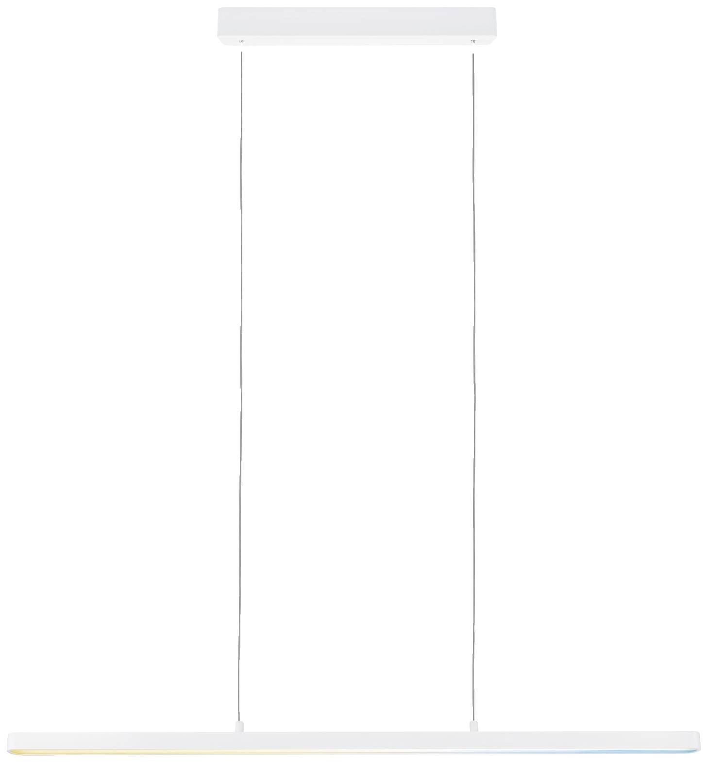 Minimalistische, moderne Pendelleuchte mit schlankem, horizontalem Design. Weißes Gehäuse, hängt an zwei dünnen Kabeln. Ideal für Esszimmer.