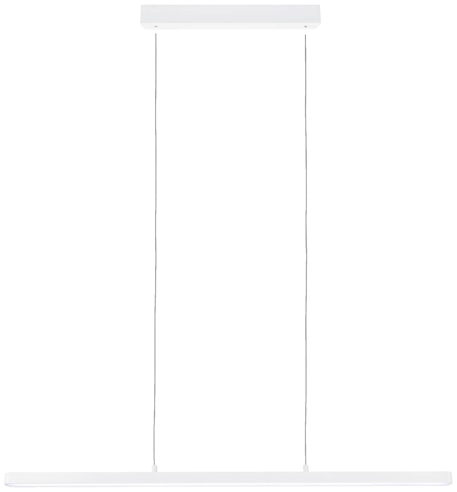 Eine minimalistische, moderne Hängelampe in Weiß, die an zwei Kabeln hängt. Sie eignet sich zur Beleuchtung von Innenräumen.