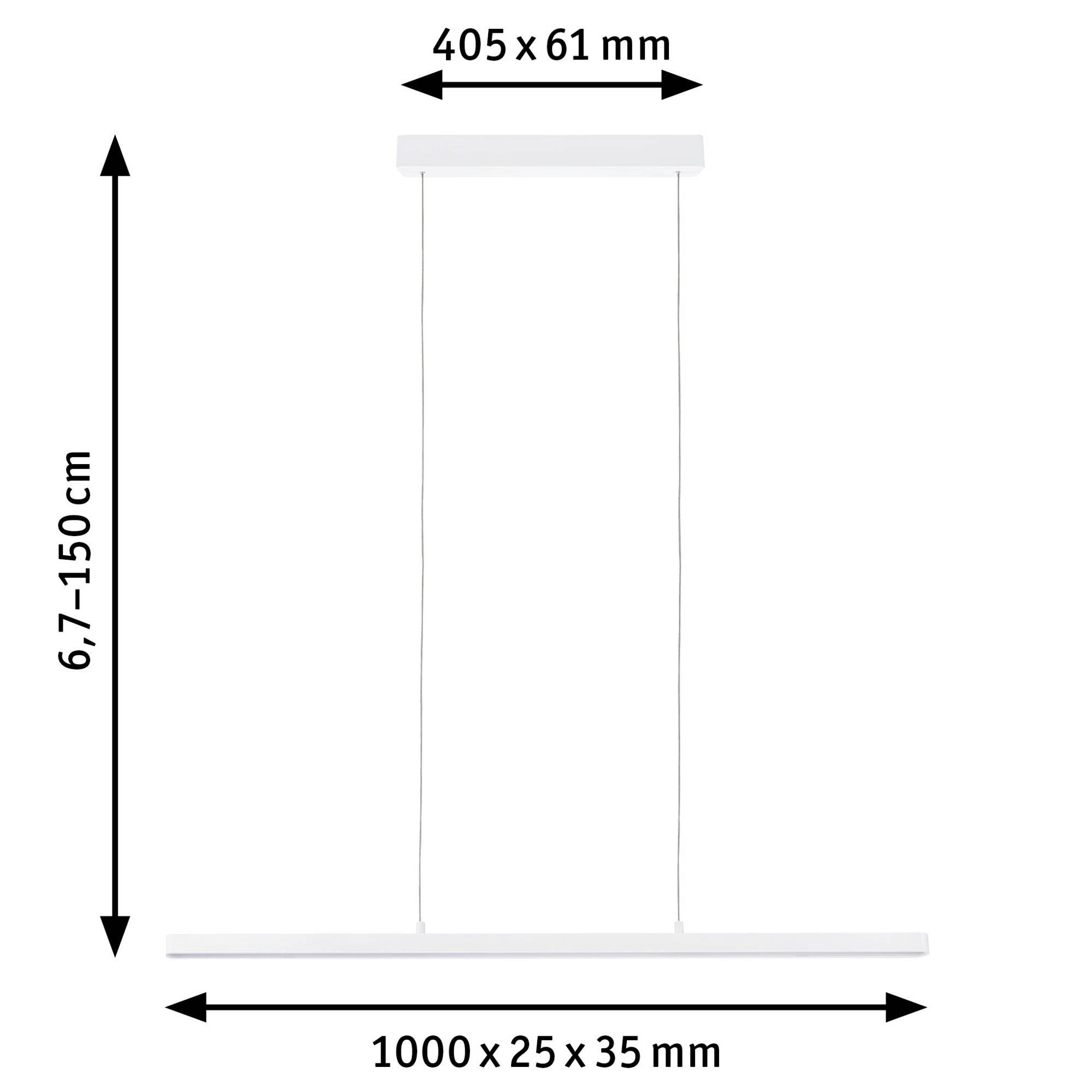 Die Abbildung zeigt eine längliche Pendelleuchte mit den Maßen 1000 x 25 x 35 mm, aufgehängt an dünnen Kabeln von 6,7 bis 150 cm Länge.