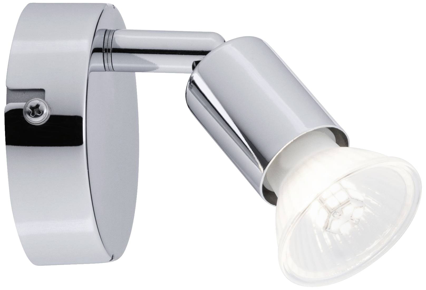 Chromfarbene Wandlampe mit verstellbarem Lampenkopf, passend für moderne Innenräume.