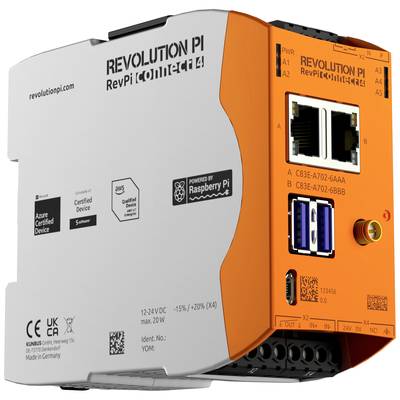 Revolution Pi RevPi Connect+, ein industrieller Minicomputer mit modularen Erweiterungsmöglichkeiten und verschiedenen Anschlüssen.