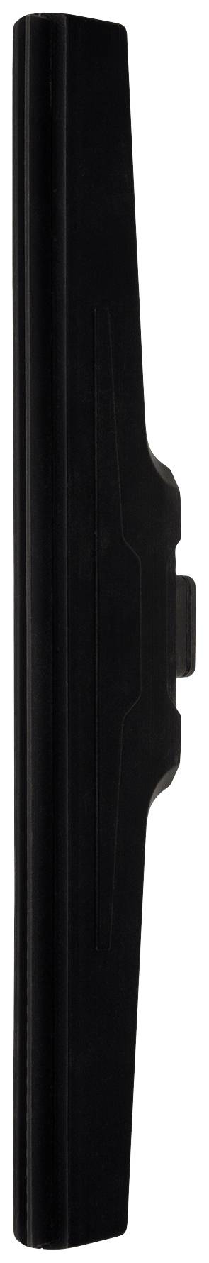 Ein schwarzer, länglicher Gegenstand, möglicherweise ein Messergriff oder ein ähnliches Werkzeug, von der Seite betrachtet.
