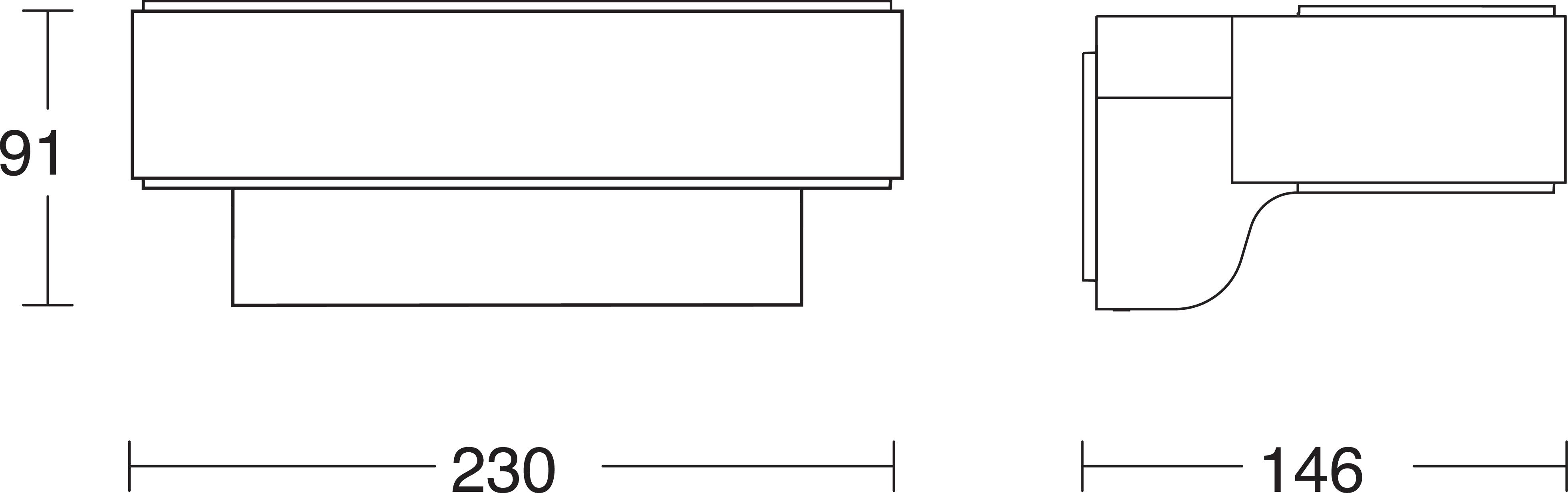 Technische Zeichnung eines rechteckigen Objekts mit Abmessungen: 230 mm Länge, 91 mm Höhe, 146 mm Tiefe. Seiten- und Frontansicht.