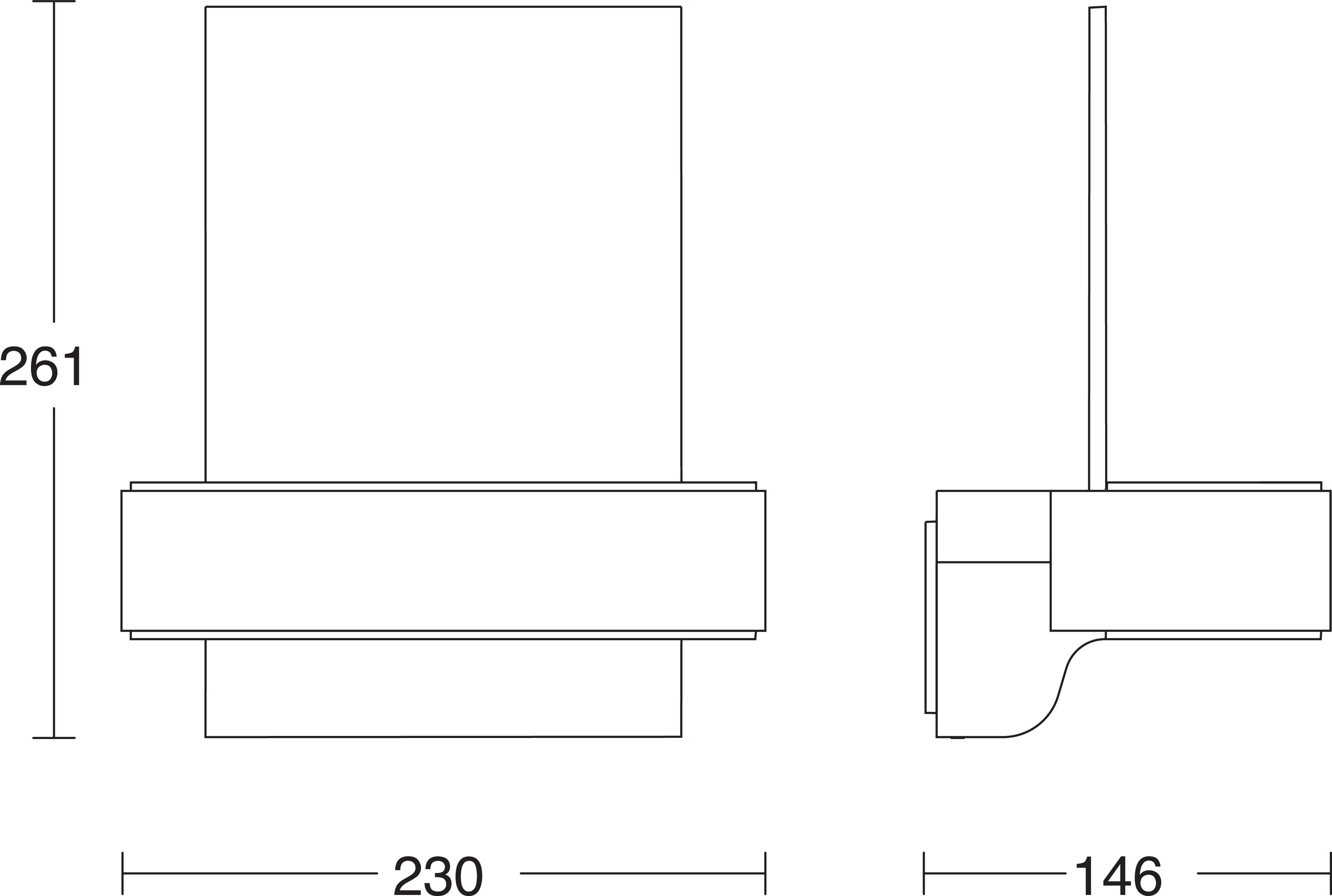 Technische Zeichnung eines rechteckigen Objekts mit Maßen: Höhe 261 mm, Breite 230 mm, und Tiefe 146 mm. Ansicht von vorne und der Seite.