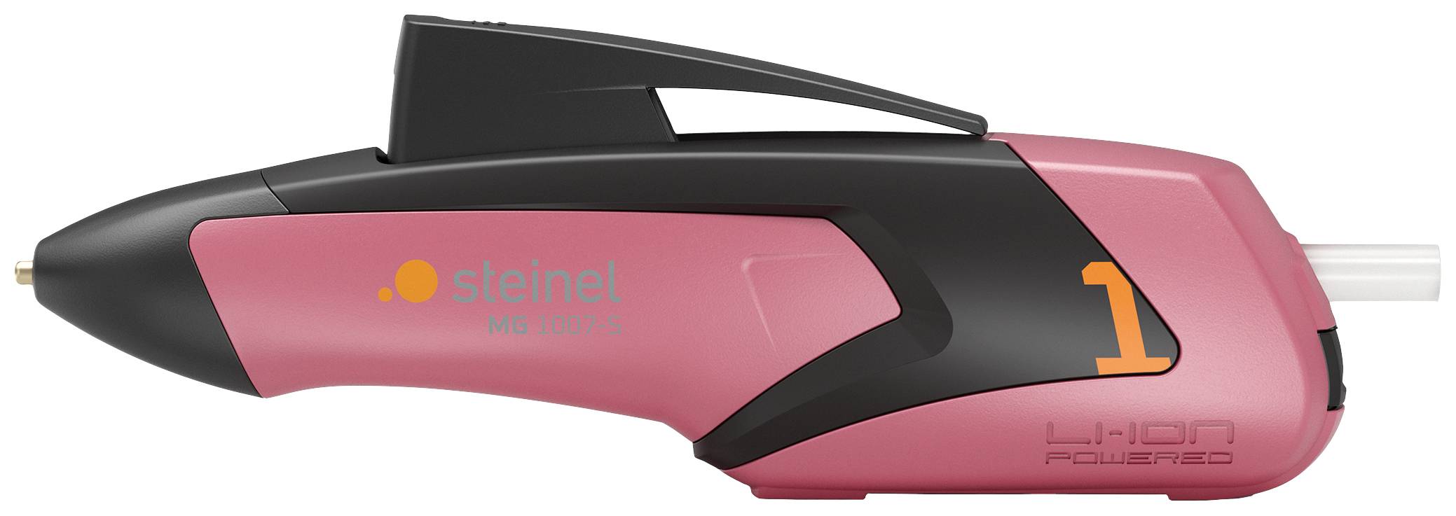 Klebstoffpistole von Steinel, Modell 'neo1', in Rosa und Schwarz mit ergonomischem Griff und gelber '1' auf der Seite.
