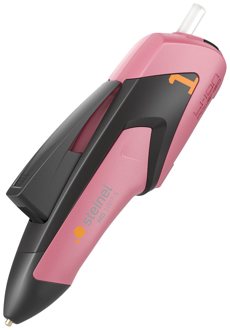 Ein rosafarbener Klebestift der Marke Steinel, Modell 'Gluer KG 1', mit schwarzen und orangen Details, schräg nach oben gerichtet.