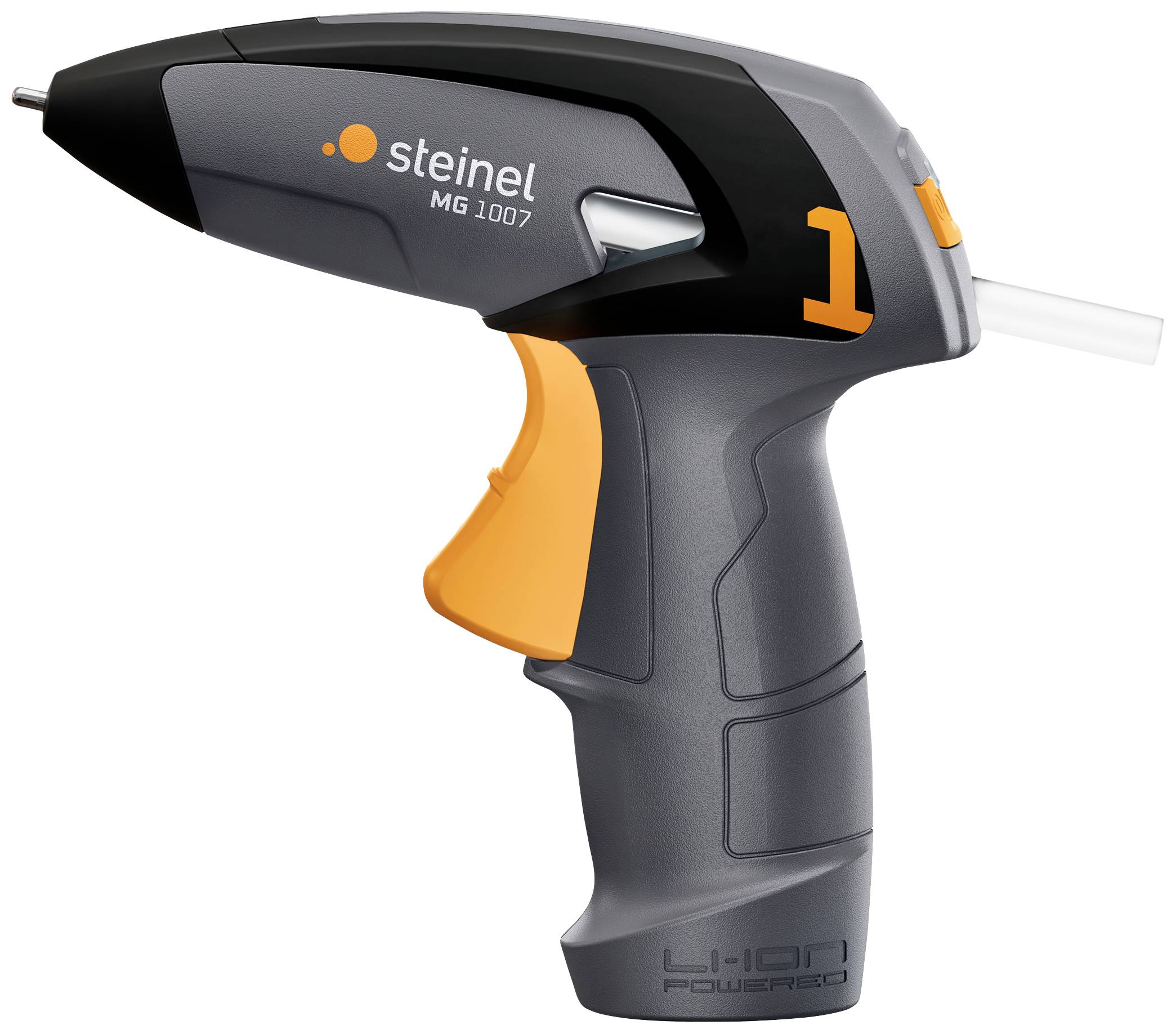 Eine graue Heißklebepistole mit orangenen Akzenten der Marke Steinel, Modell MG 1007, präsentiert von der Seite.