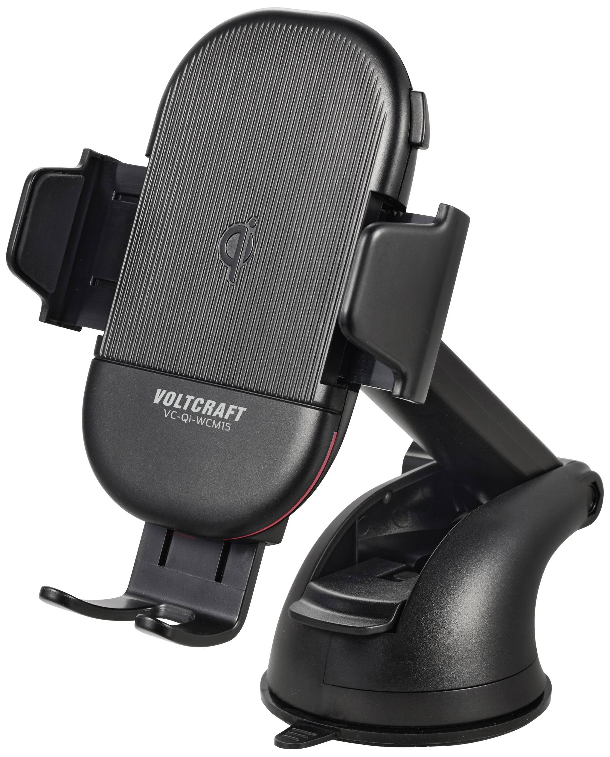 Halterung für Smartphones mit einstellbaren Greifarmen und Saugnapf. Markenname auf der Vorderseite. Geeignet für KFZ-Nutzung.