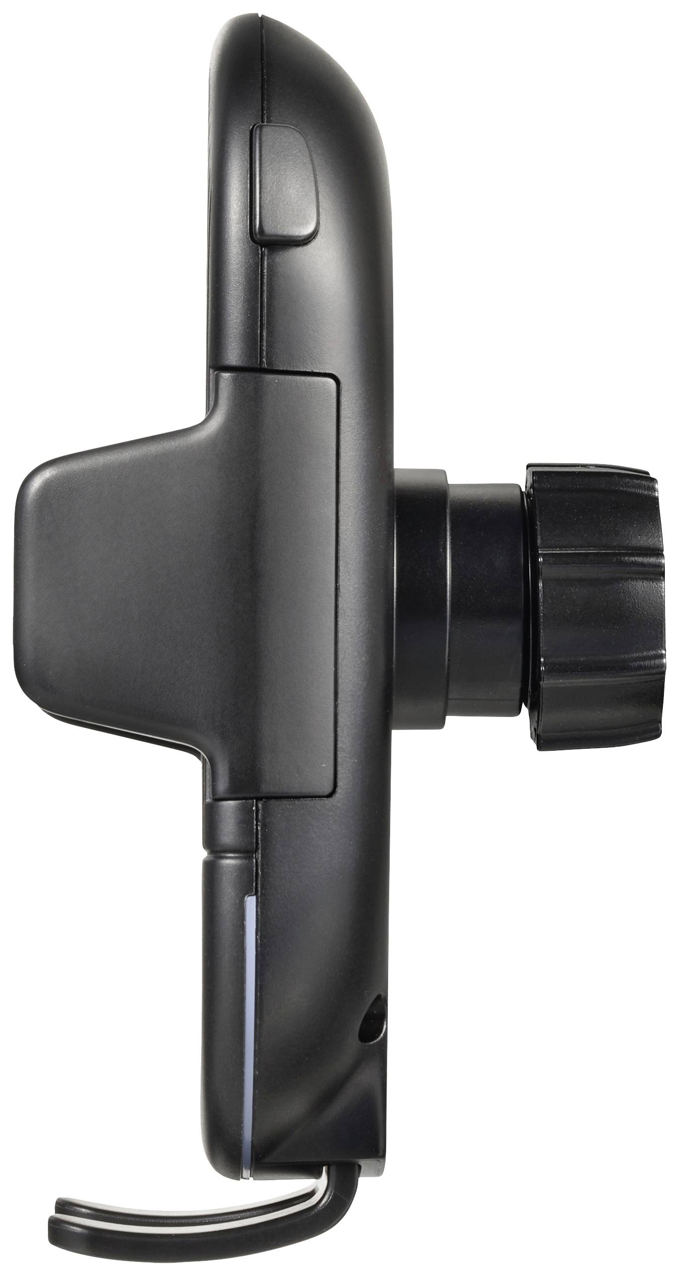 Schwarzes elektronisches Gerät seitlich, mit prominenter Linse, möglicherweise eine Kamera oder ein Messgerät.