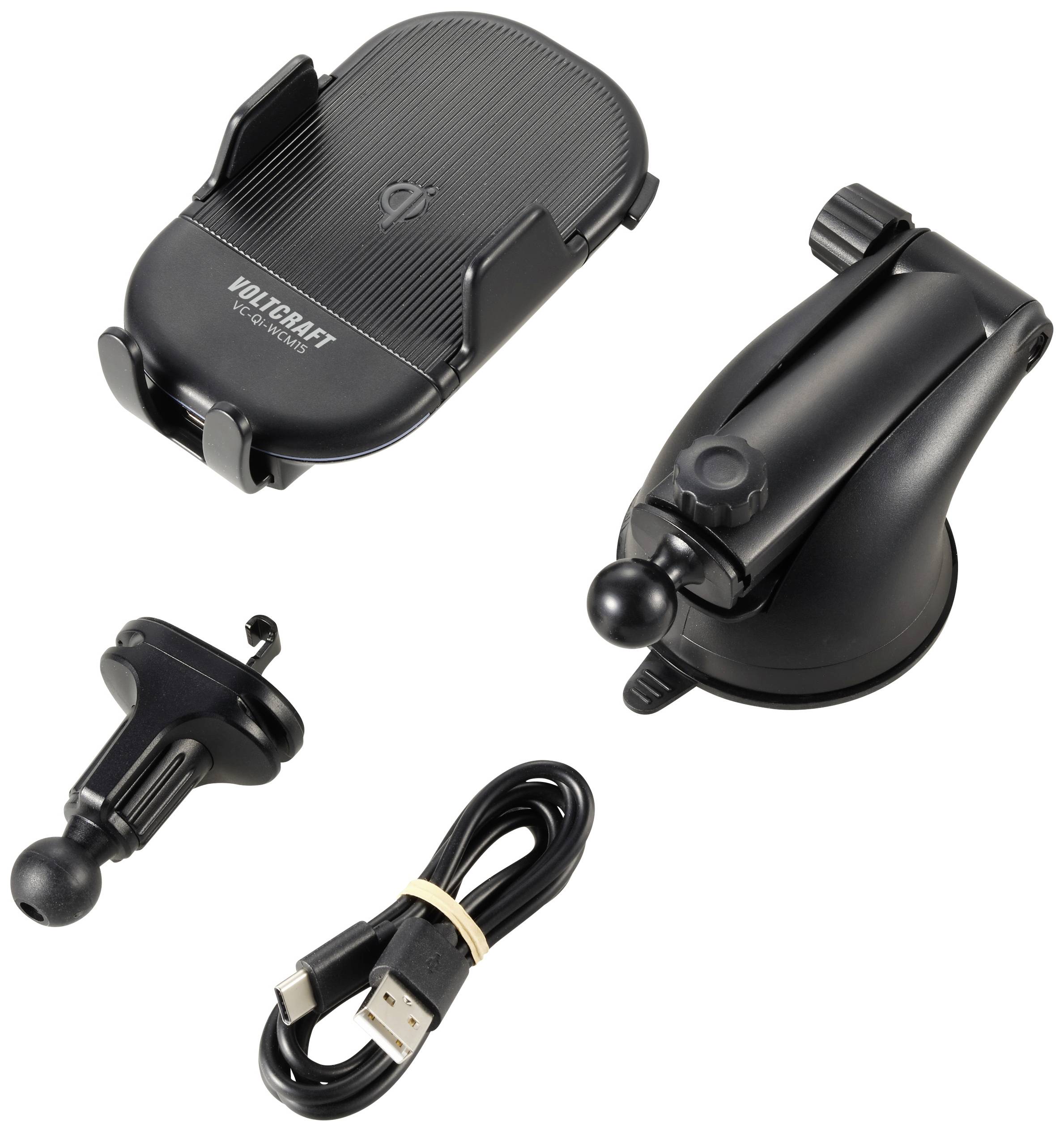 Ein Handyhalter-Set besteht aus einer Saugnapfhalterung, einem Lüftungsgitterclip und einem USB-Kabel, geeignet für KFZ-Installationen.