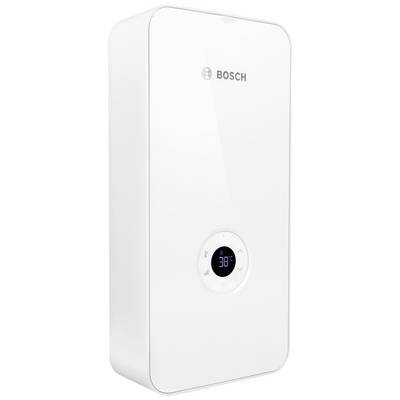 Bosch Durchlauferhitzer, zeigt eine digitale Anzeige mit der Temperatur von 38 Grad Celsius auf glänzendem weißen Gehäuse.