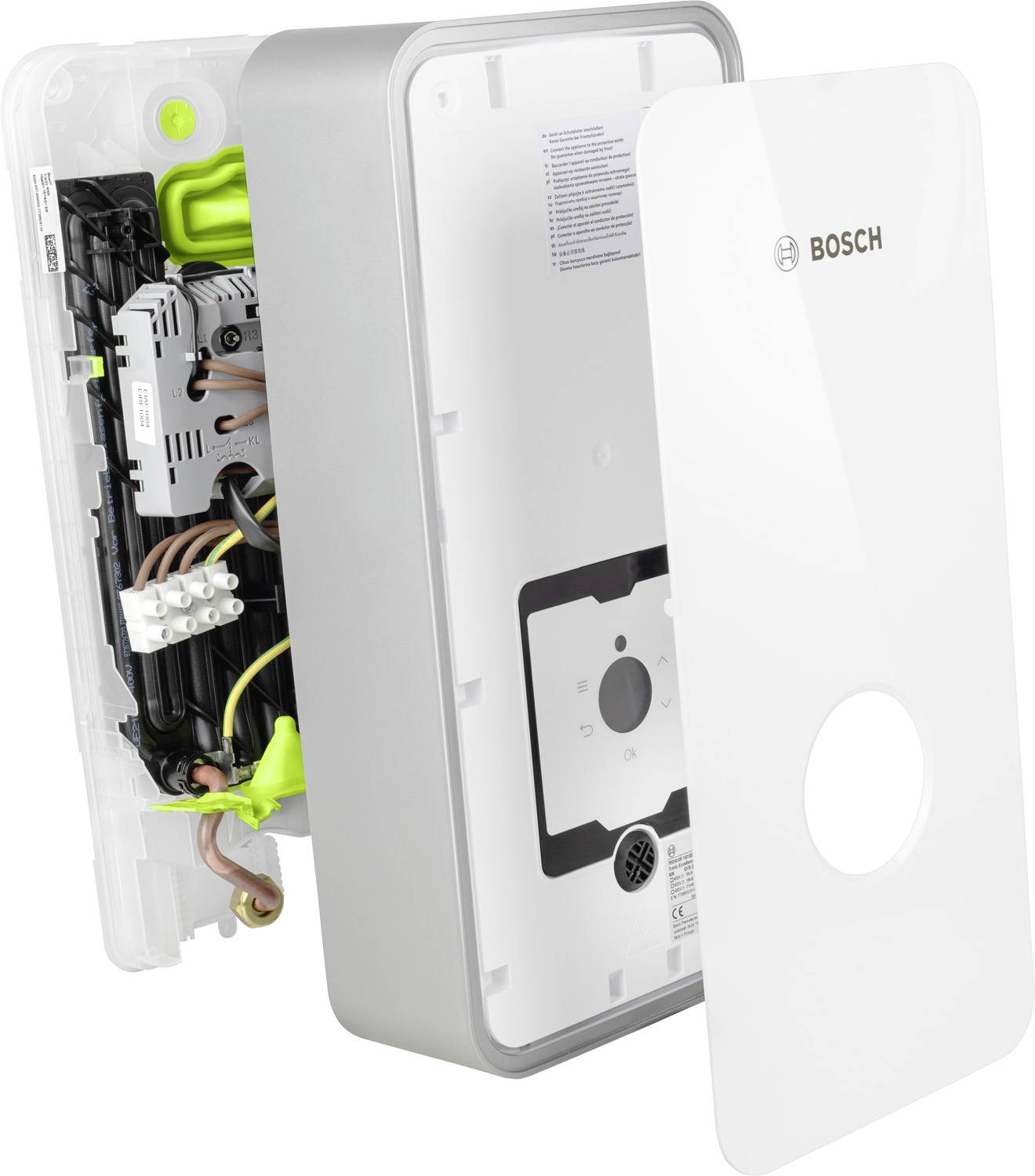 Eine geöffnete weiße Bosch Wandladebox für Elektrofahrzeuge, zeigt interne Anschlüsse und Komponenten.