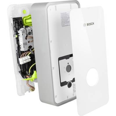 Eine geöffnete weiße Bosch Wandladebox für Elektrofahrzeuge, zeigt interne Anschlüsse und Komponenten.