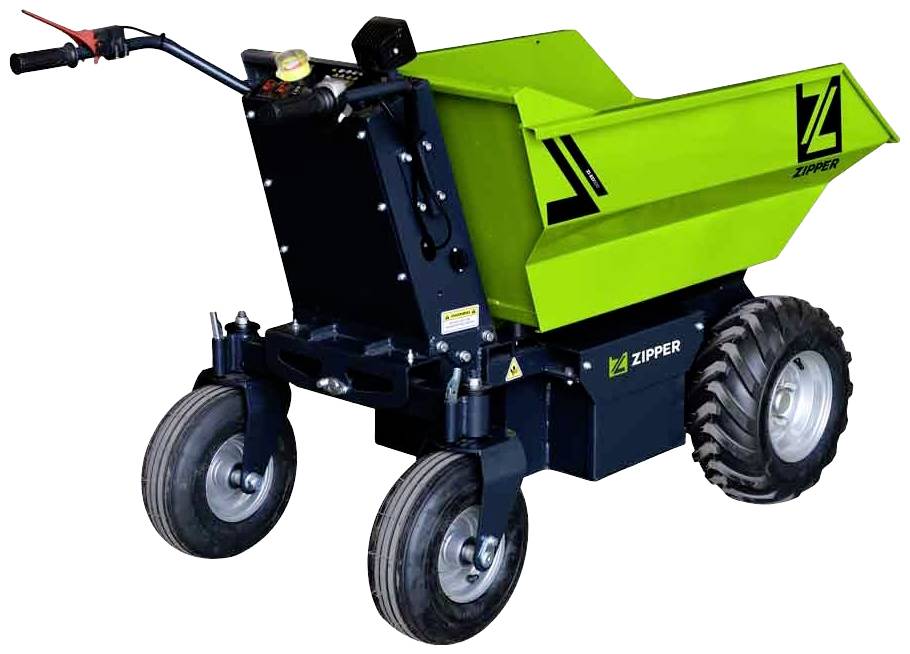 Ein grüner motorisierter Schubkarren mit vier Rädern und einem Ladebereich. Geeignet für den Transport schwerer Lasten im Gartenbau.