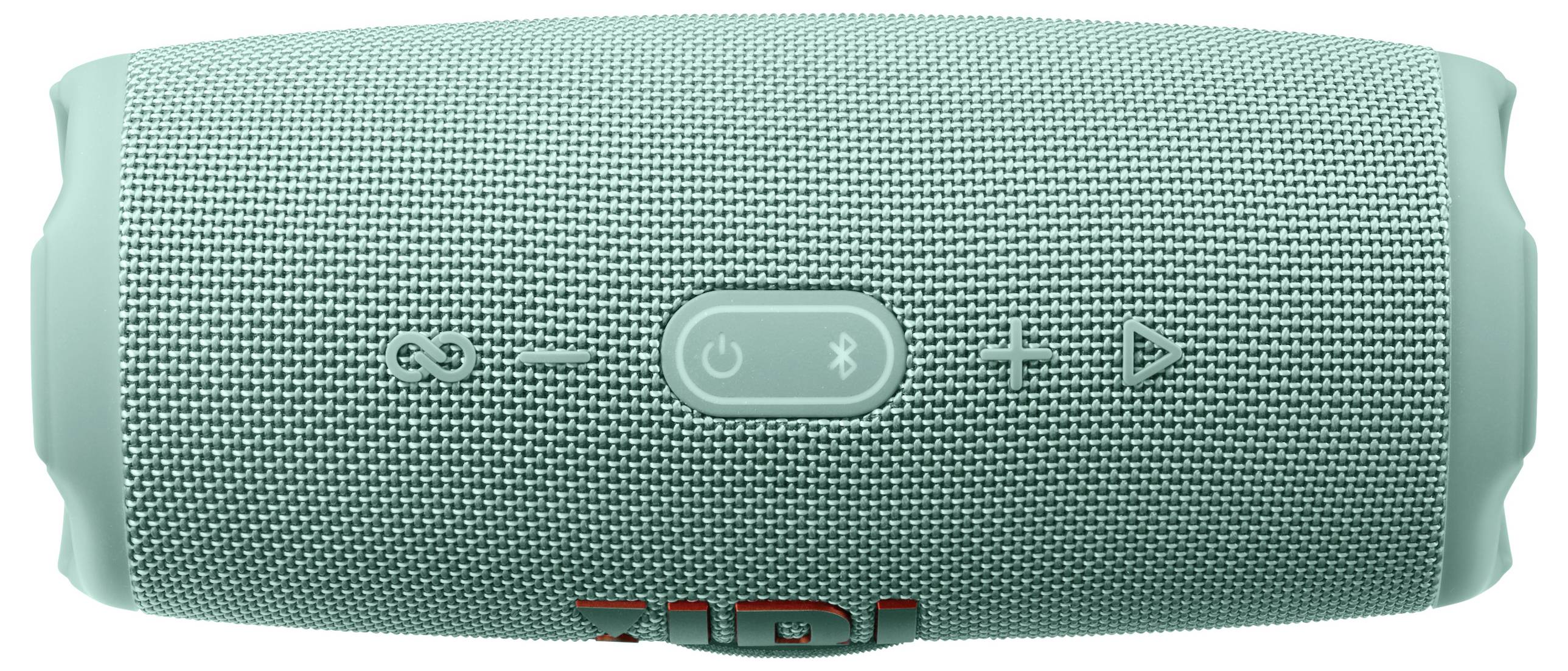 Tragbarer, türkisfarbener Bluetooth-Lautsprecher mit Tasten für Wiedergabe, Lautstärkeregelung und Bluetooth-Verbindung auf der Oberseite.