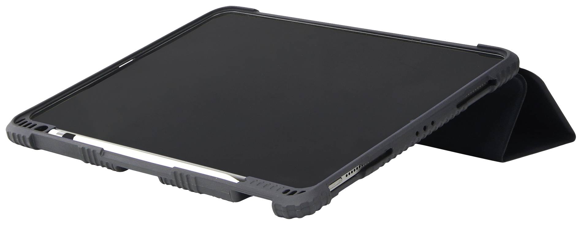 Ein Tablet in einer schwarzen Schutzhülle ist leicht geneigt aufgestellt. Es verfügt über Anschlüsse und einen Stifthalter.