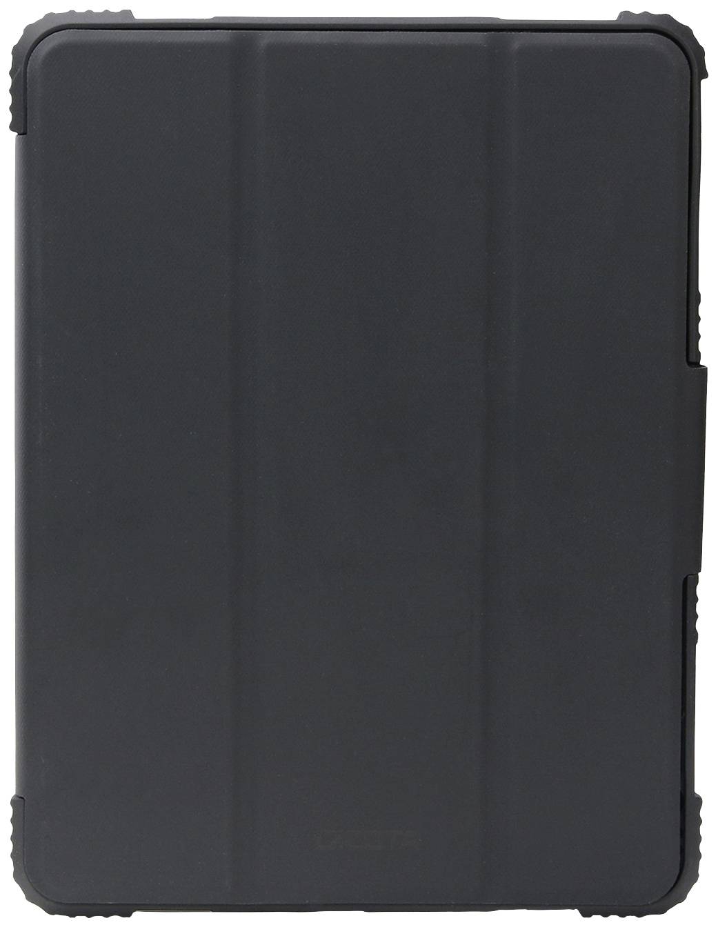Eine schwarze Tablet-Hülle mit verstärkten Ecken. Die Hülle ist geschlossen und zeigt keine sichtbaren Marken oder Designs.