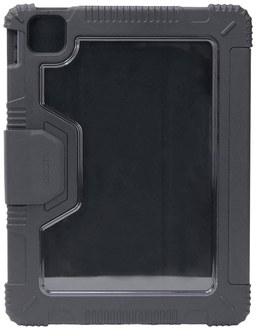 Eine schwarze, robuste Tablet-Schutzhülle mit verstärkten Kanten und einer durchsichtigen Frontabdeckung.