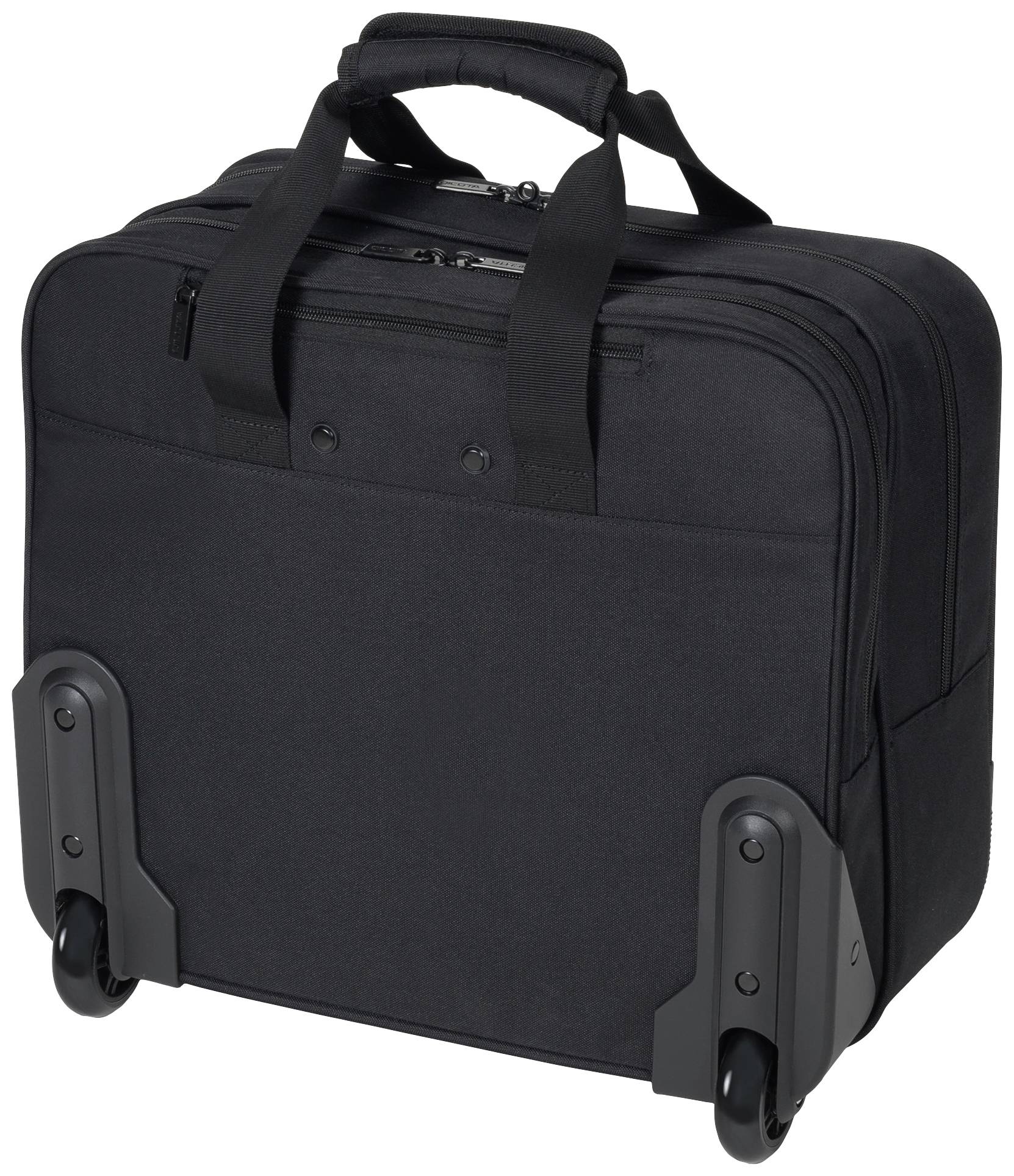 Schwarzer Rollkoffer mit zwei Rädern und Tragegriffen, vorne mit zusätzlicher Tasche. Ideal für den Transport von Laptops und Akten.